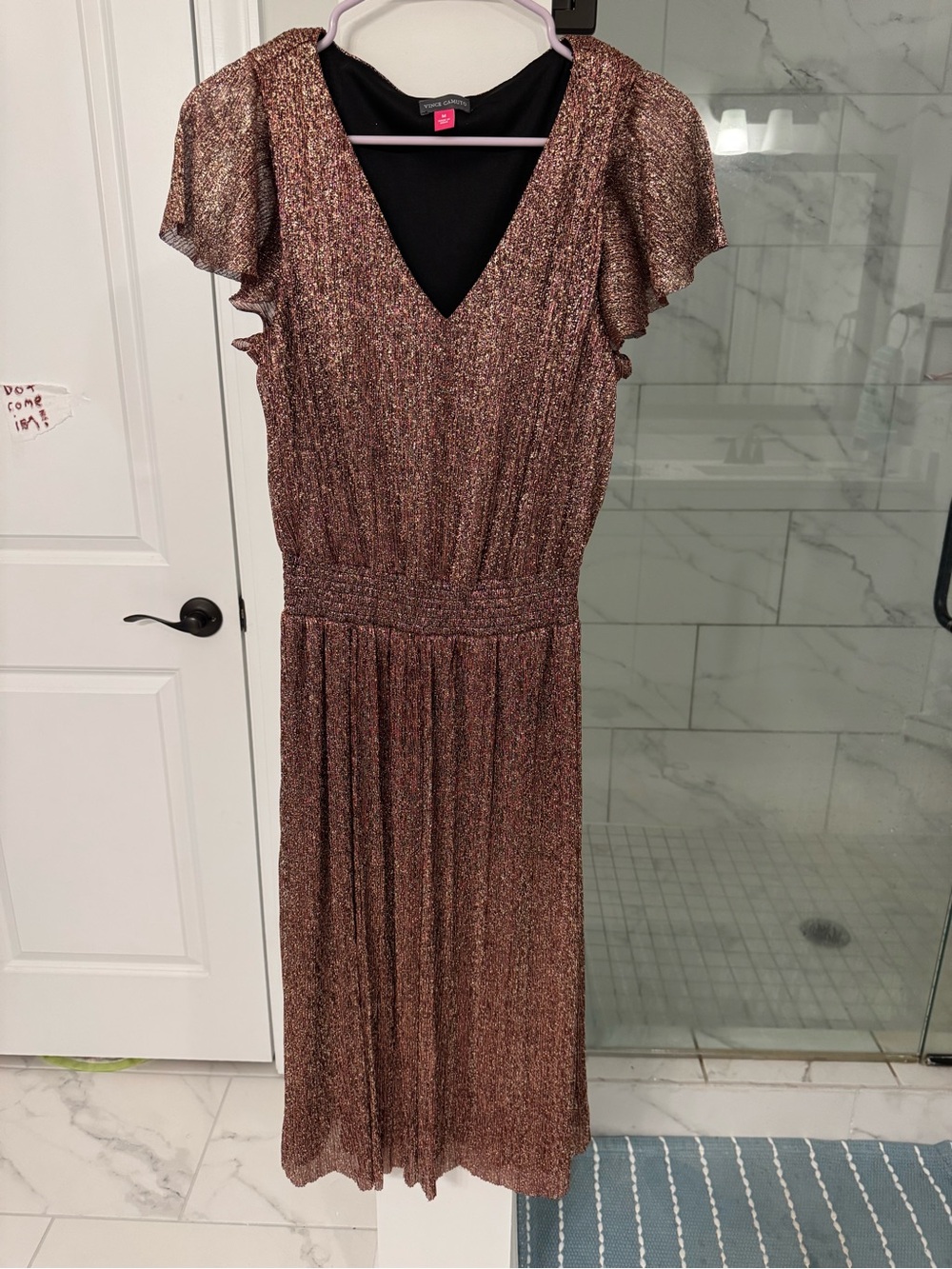 Vince Camuto Metallic Copper V-Neck Midi Dress - Sparkling Evening Dress